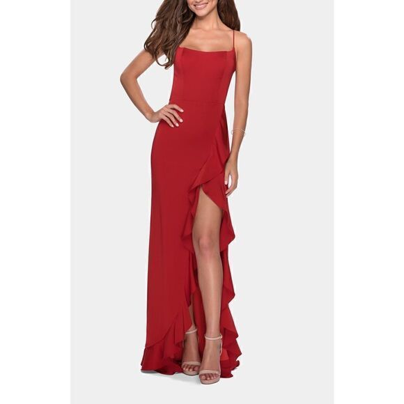 LA FEMME Lace Up Ruffle Dress wine red - Picture 1 of 10